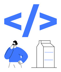programmer thinking about coding with html tags vector image