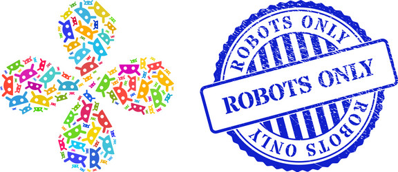 robots only grunge seal and robot head colored vector