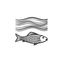 Fish under sea wave hand drawn sketch icon vector