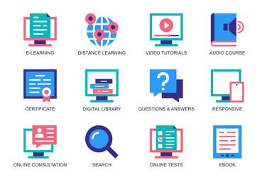 e-learning concept of web icons set in simple flat vector image