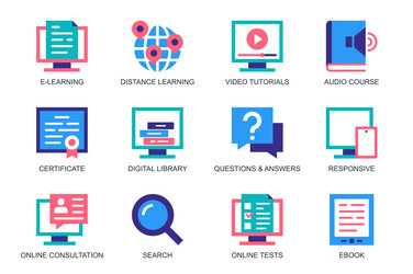 E-learning concept of web icons set in simple flat vector