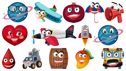 set of different toy objects with smiley faces vector image