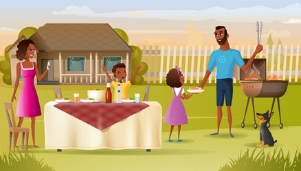 Family barbecue party on house yard cartoon vector