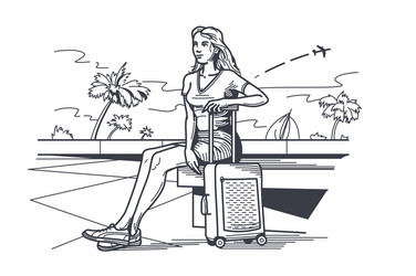 woman traveler with baggage sitting on bench vector