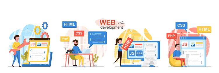 Web development concept scenes set developers vector