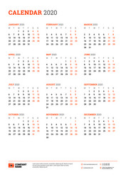 Calendar for 2020 year week starts on monday vector