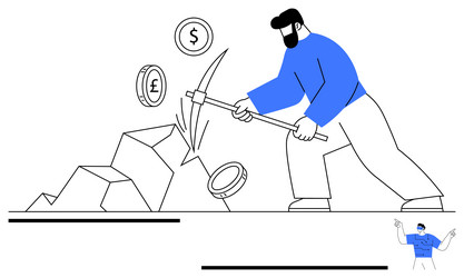 man mining coins with pickaxe representing vector image