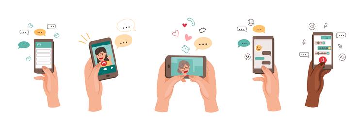 hand with smartphone device use different app vector image