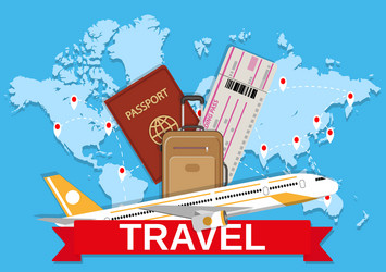 Travel bag and world map vector