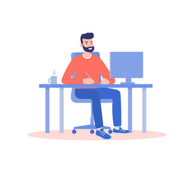 Man Working on Computer - Remote Work Concept vector
