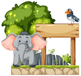 Cartoon elephant and bird near a blank sign vector