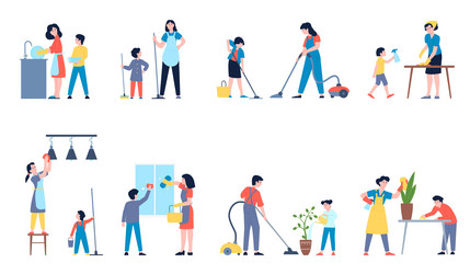 kids parents cleaning help house to mom happy vector