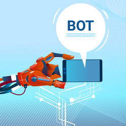 chat bot hands using cell smart phone robot vector image