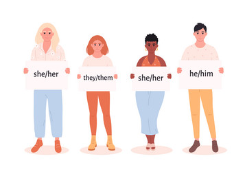 young people holding sign with gender pronouns vector