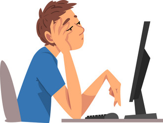 Bored man working with computer lazy male vector