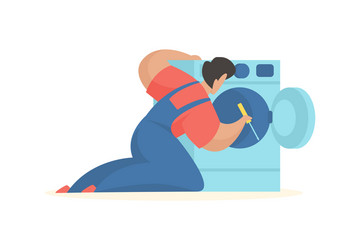 man repairs washing machine service professional vector