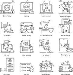 set security and hacking linear outline icons vector image