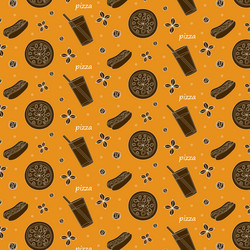 Seamless pattern pizza hot dog lemonade text vector