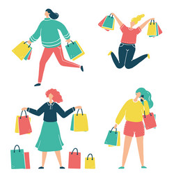 Set shopping cartoon woman for sale concept vector