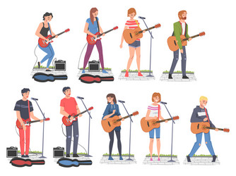 People street musicians characters playing guitars vector