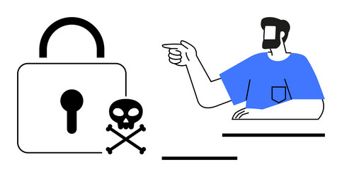 man pointing at padlock and skull-crossbones icon vector image