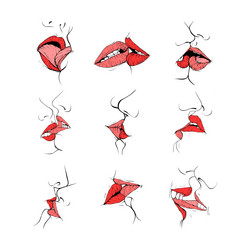 set couple kissing lips collection sketch line art vector