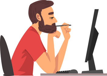 Bored man working with computer lazy guy vector