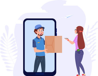 Online delivery post man with box woman vector