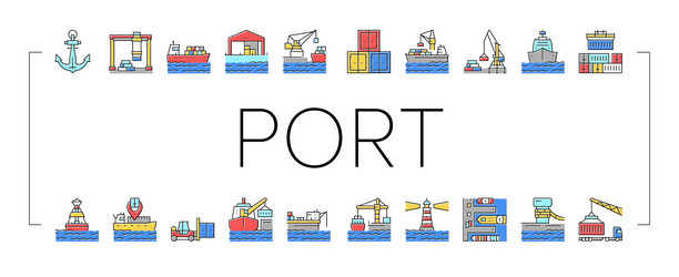 Container port tool collection icons set vector
