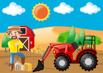 Farmer rides a tractor in barnyard Royalty Free Vector Image