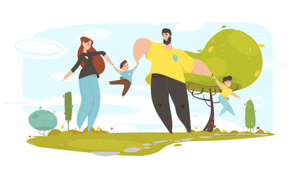 happy craft family with children rest on farmland vector