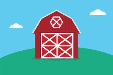 a flat red barn on the top of green land mountain vector