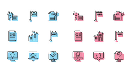 Set line computer monitor with smart home map vector