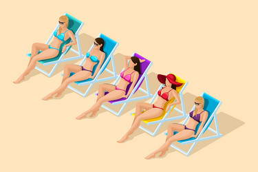 Isometric girl in a bright swimsuit beach sea vector