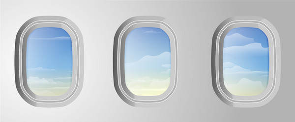 Airplane windows with cloudy blue sky outside vector