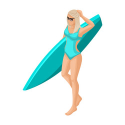 Isometric girl in a bright swimsuit beach sea vector