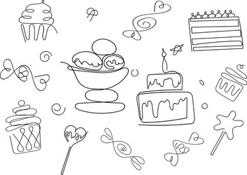 Desserts and sweets are drawn a single line vector