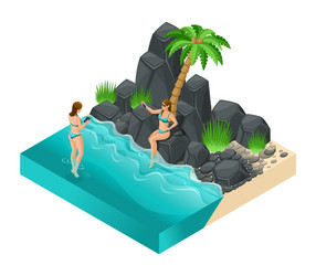 Isometric girl in a bright swimsuit beach sea vector