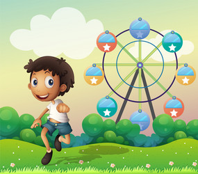 a boy in front of ferris wheel vector