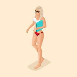 Isometric girl in a bright swimsuit beach sea vector