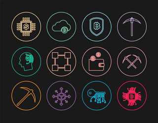 set line cpu mining farm crossed pickaxe shield vector image