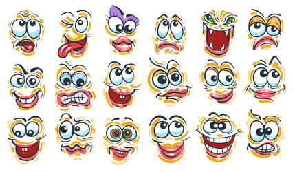 Colored cartoon doodle faces emotion collection vector