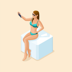 isometric girl in a bright swimsuit beach sea vector