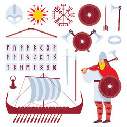 set with viking character and medieval history vector