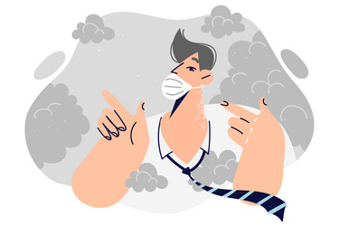 man in medical mask stands among smoke suffering vector