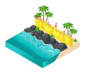 isometric girl in a bright swimsuit beach sea vector