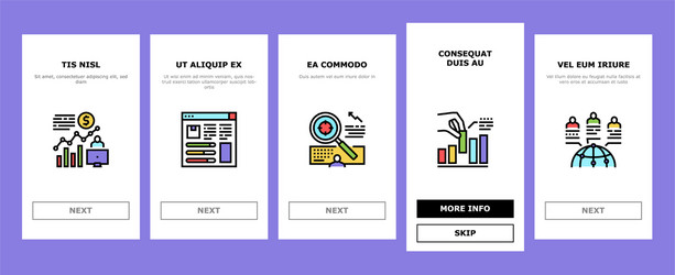 Market research and analysis onboarding icons set vector