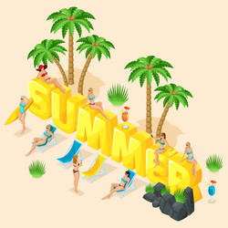 isometric girl in a bright swimsuit beach sea vector