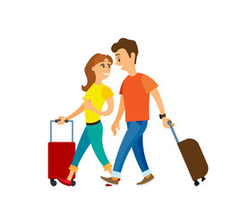 People traveling man woman with luggage walking vector