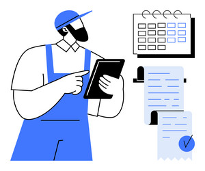 worker using tablet for task scheduling vector image